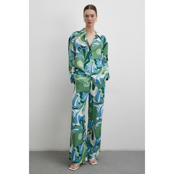 Beli Lastikli Desenli Pantolon Yeşil