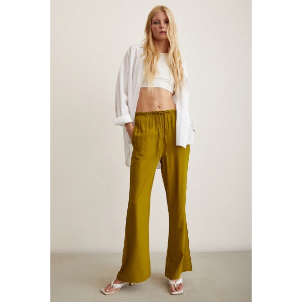 Beli Lastikli Biyeli Yüksek Bel Pantolon Yağ Yeşili