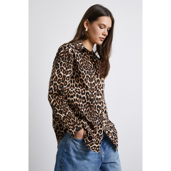 Leopar Desenli Poplin Gömlek Bej