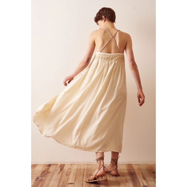 Dantel Detaylı Askılı Salaş Elbise Krem