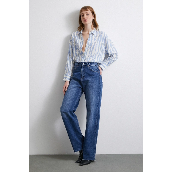 Zebra Desen Modal Gömlek Mavi