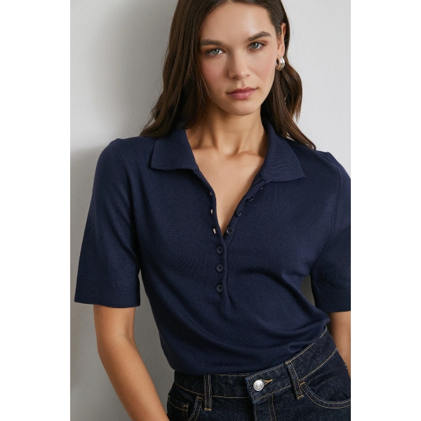 Polo Yaka Düğmeli Kısa Kol Lacivert