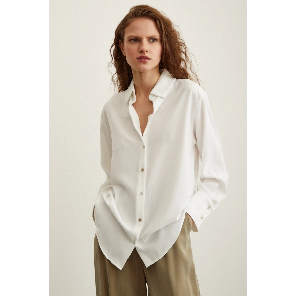 Likralı Saten Gömlek Ekru