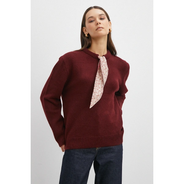 Fularlı Uzun Kollu Kazak Kahve