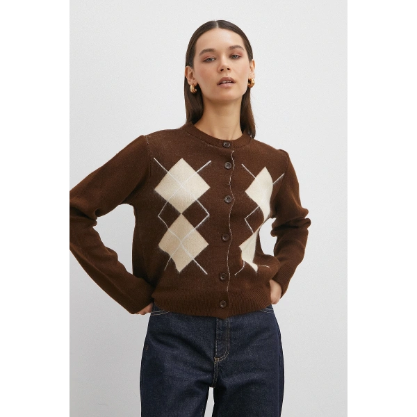 Düğmeli Baklava Desenli Hırka Kahve