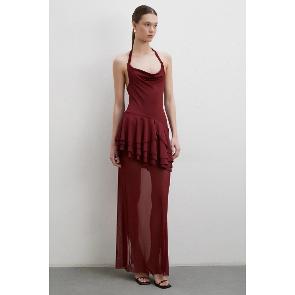 Boyun Askılı Fırfırlı Tül Elbise Bordo