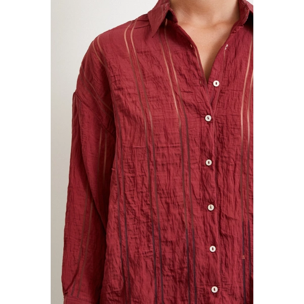 Organze Çizgili Gömlek Bordo