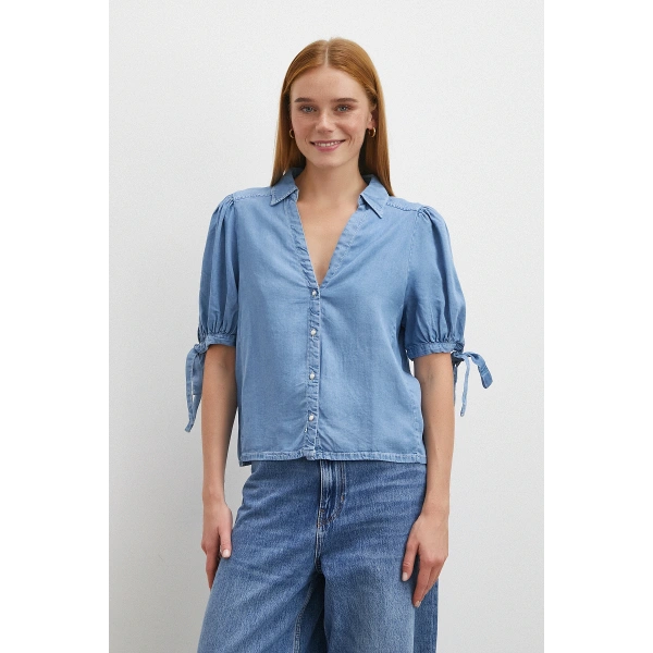 Kısa Kollu Bağcıklı Gömlek Mavi