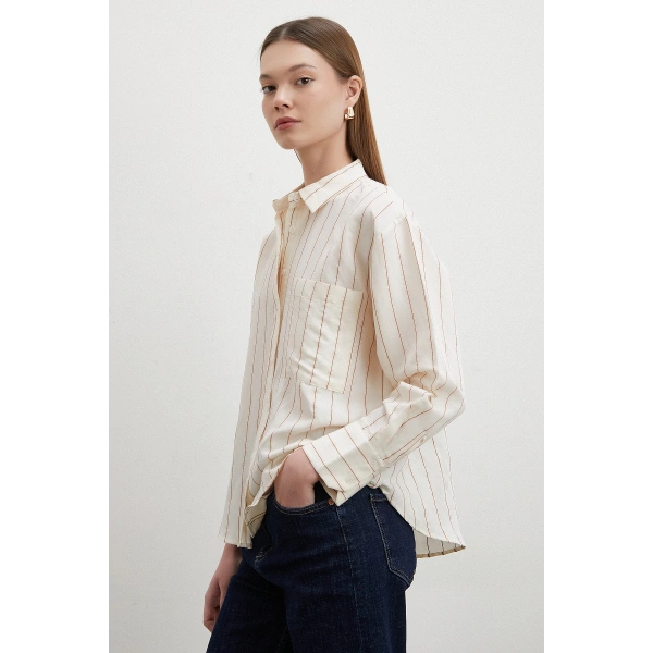 Kontrast Çizgili Modal Gömlek Kahve