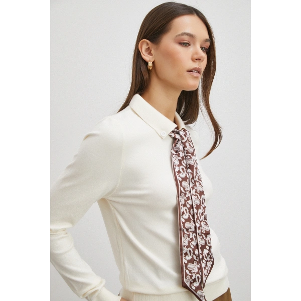 Fularlı Polo Yaka Kazak Ekru