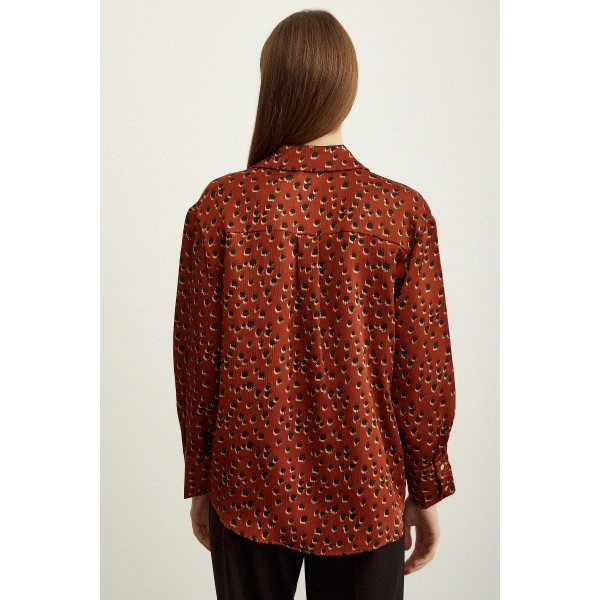 Puantiye Desenli Saten Gömlek Açık Kahve