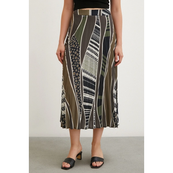 Desenli Piliseli Etek Haki