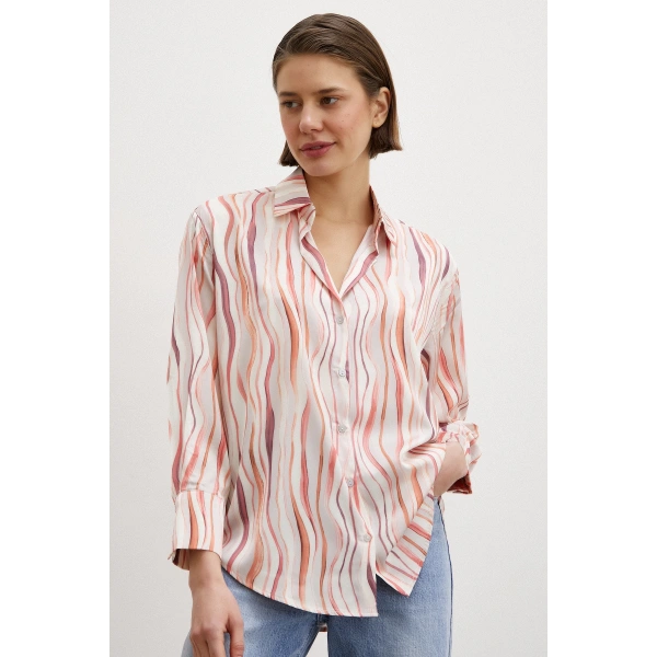 Dalga Çizgili V Yaka Gömlek Oranj