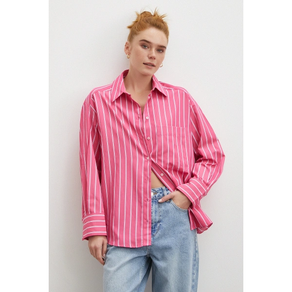 Çizgili Poplin Gömlek Pembe