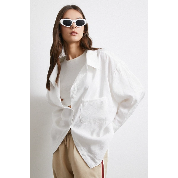 Oversize Cepli Modal Gömlek Beyaz