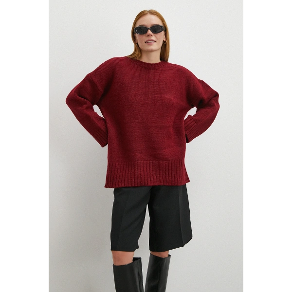 Bisiklet Yaka Fitilli Triko Kazak Bordo