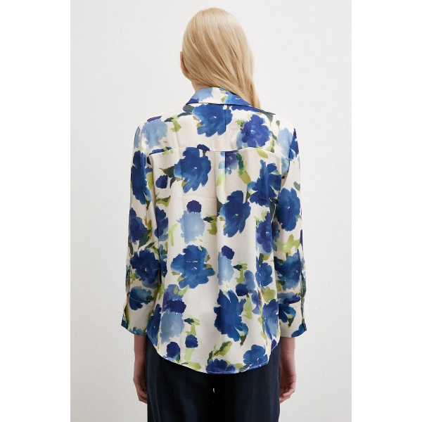 Çok Renkli Çiçek Desenli Gömlek Mavi
