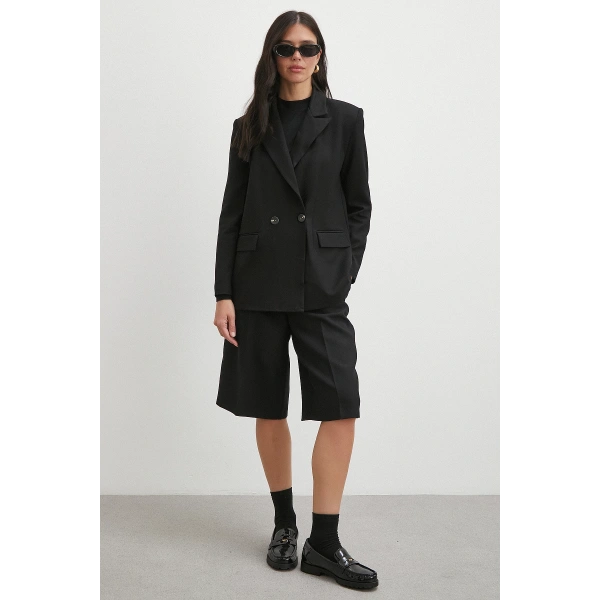 Çift Dügmeli Cep Kapaklı Blazer Ceket Siyah