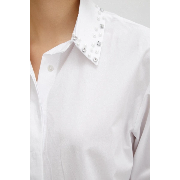 Yaka İncili Poplin Gömlek Beyaz