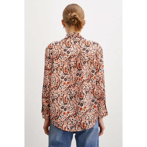 Desenli Gofret Saten Gömlek Oranj
