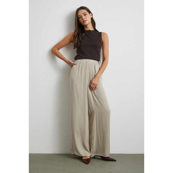 Beli Lastikli Dökümlü Geniş Paça Pantolon Taş