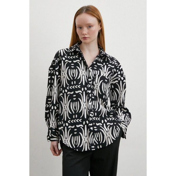 Krep Kontrast Desenli Gömlek Siyah