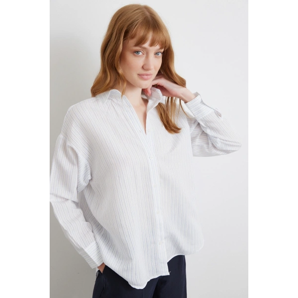 Simetrik Çizgili Gömlek Mavi