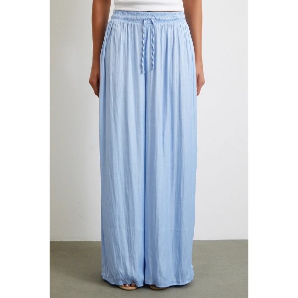 Beli Lastikli Geniş Paça Büzgülü Pantolon Mavi