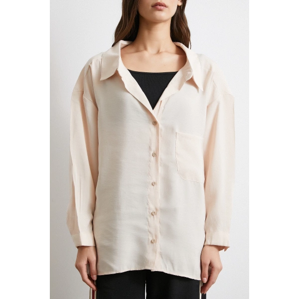 Oversize Cepli Modal Gömlek Bej