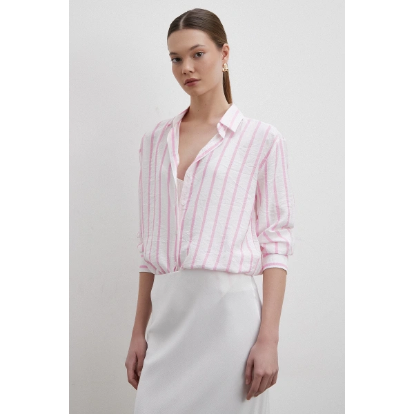 V Yaka Çizgili Modal Gömlek Pembe