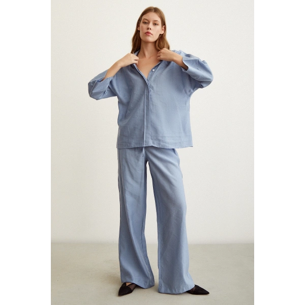 Yarasa Kol Keten Gömlek Mavi