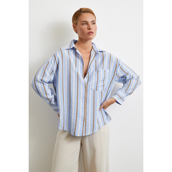 Kahve Çizgili Gömlek Mavi