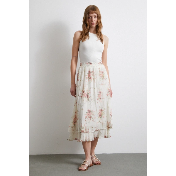 Fırfırlı Piliseli Etek Krem