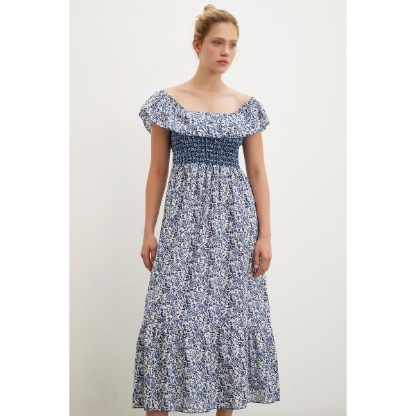 Bel Gipeli Maxi Elbise Mavi