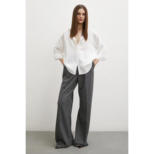 Dokulu Çizgili Gömlek Krem