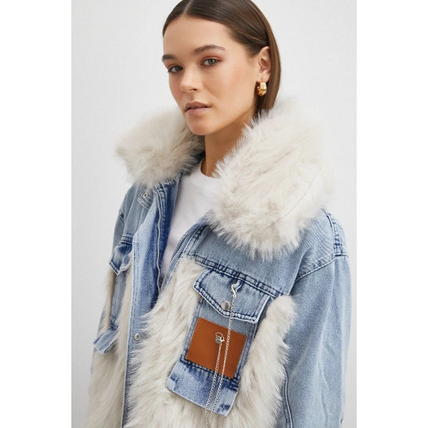 Kot Garnili Kürklü Mont Mavi