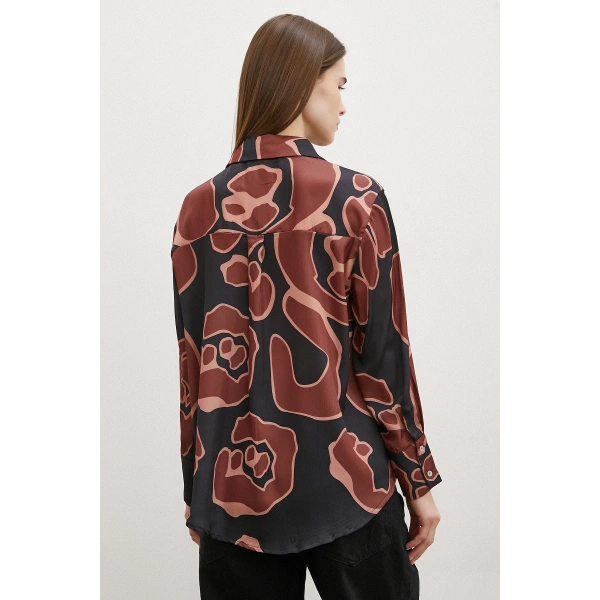 Baskılı Saten Gömlek Kahve