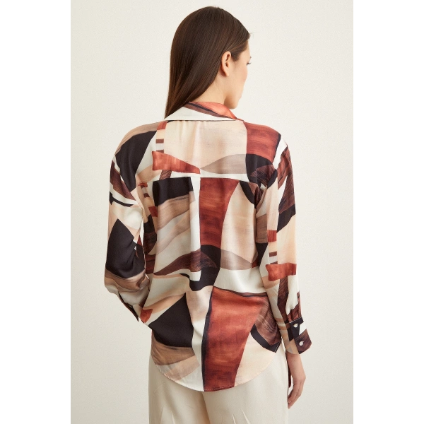 Taş Desen V Yaka Gömlek Kahve