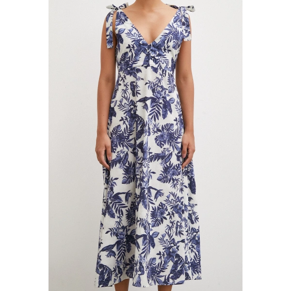 Omuz Askılı V Yaka Elbise Lacivert