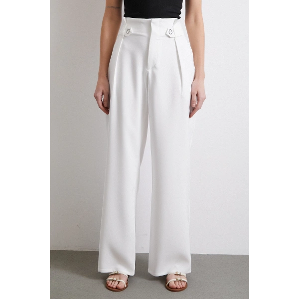 Bel Detaylı Wide Leg Pantolon Ekru