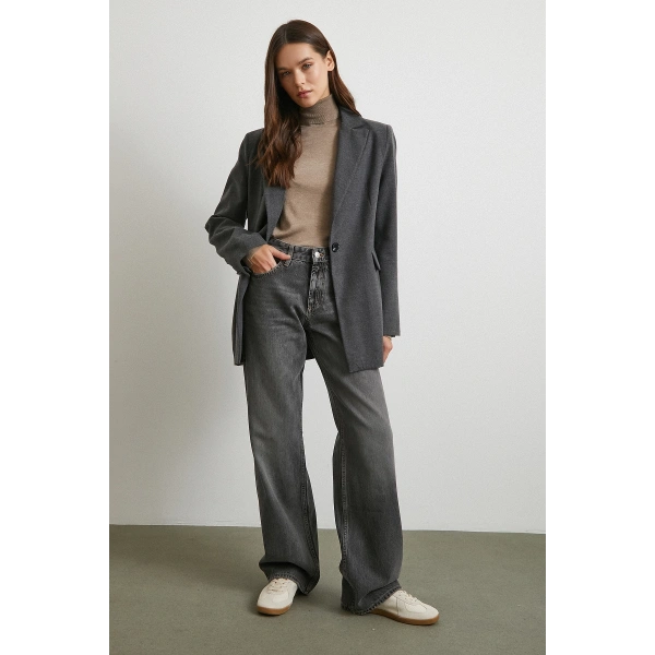 Beş Cepli Yüksek Bel Jean Gri