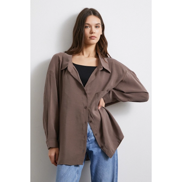 Oversize Cepli Modal Gömlek Kahve
