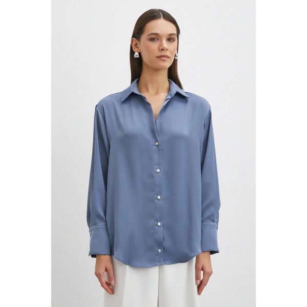 Basic Saten Gömlek İndigo