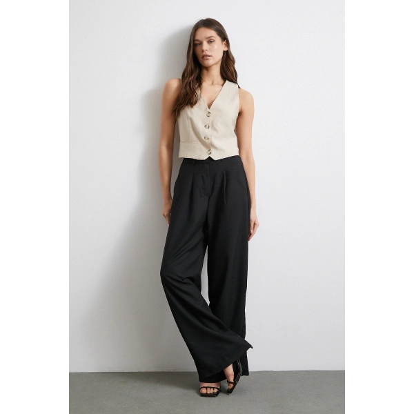 Yüksek Bel Beli Lastikli Geniş Paça Pantolon Siyah