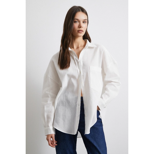 Cepli Oversize Keten  Gömlek Ekru