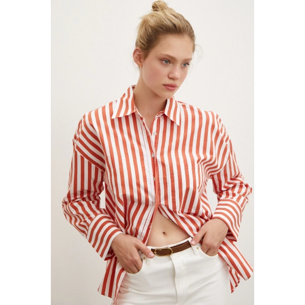 Cepli Çizgili Gömlek Oranj