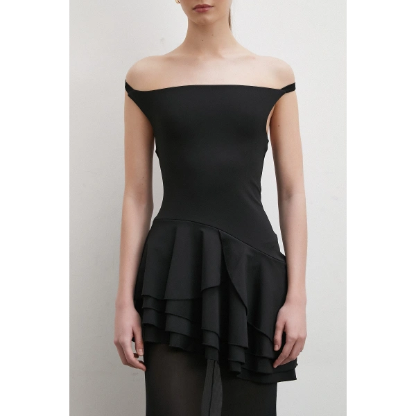 Boyun Askılı Fırfırlı Tül Elbise Siyah