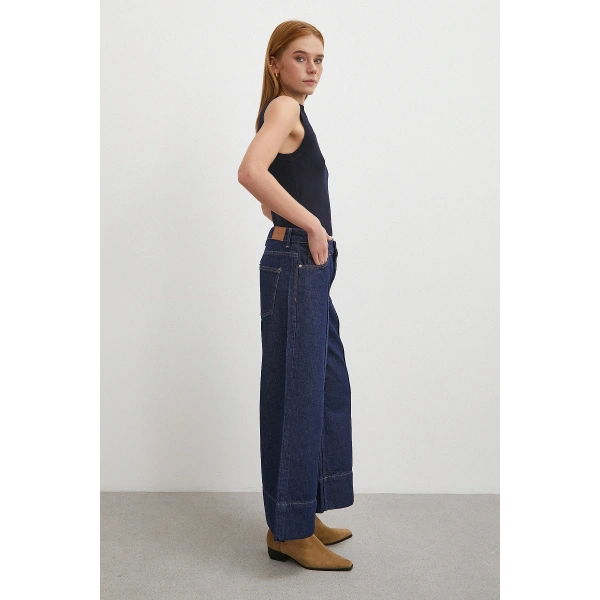 Yüksek Bel Paça Detaylı Jean Lacivert