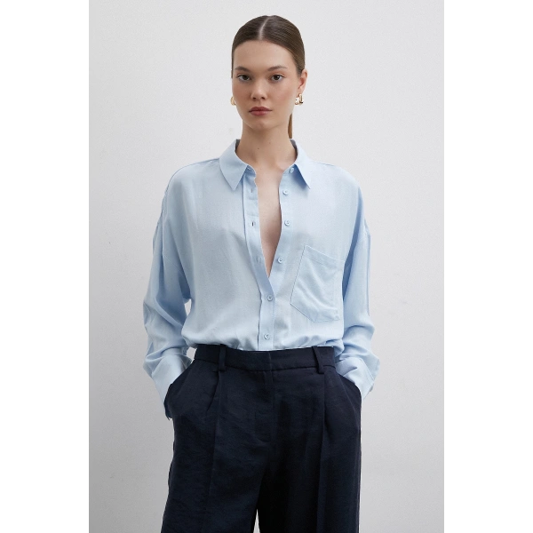 Keten Karışımlı Linen Prunes Gömlek Mavi