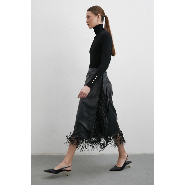 Bağlamalı Püsküllü Deri Etek Siyah